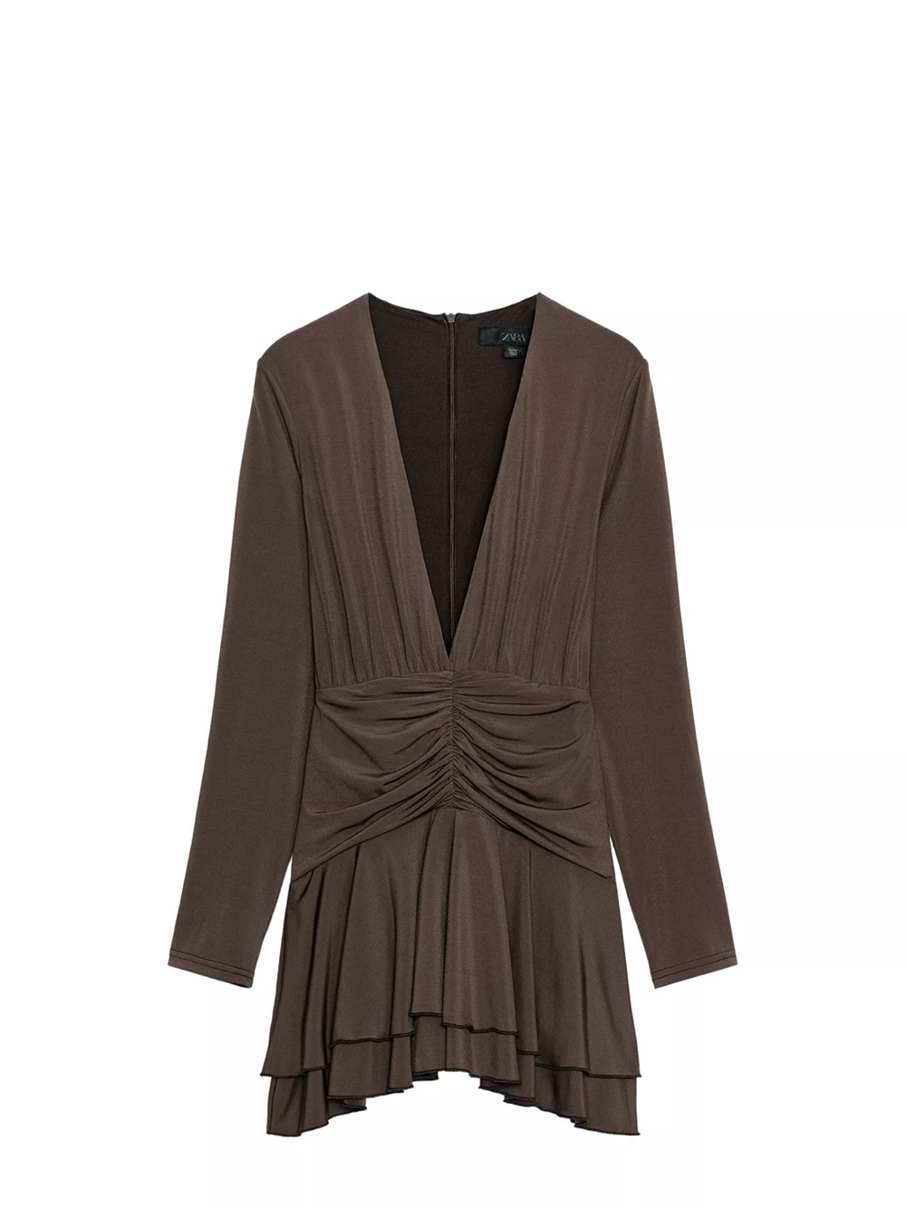 Zara Brown Long-Sleeve V-Neck Ruched Tiered Dress